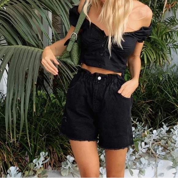 PRINCESS POLLY Open Road Denim Paper Bag Shorts In Washed Black - Picture 2 of 5